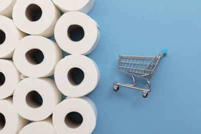 High angle view of toilet papers on white background