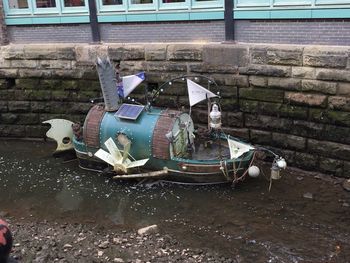 High angle view of abandoned boat in water