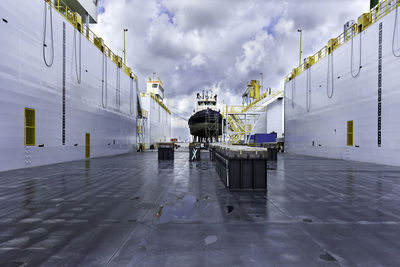 Panoramic view of commercial dock against sky