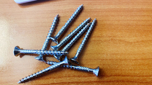 High angle view of wood on wooden table