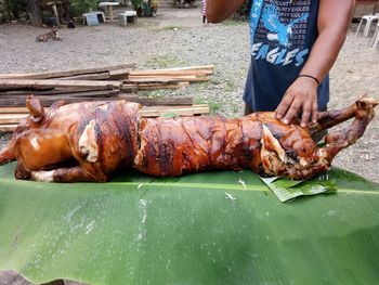 Midsection of man preparing the roasted pig