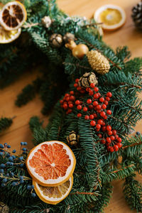 High angle view of christmas decorations on table