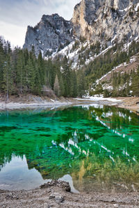 Scenic view of lake by snowcapped mountains