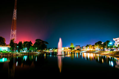 Reflection of illuminated buildings in lake at night