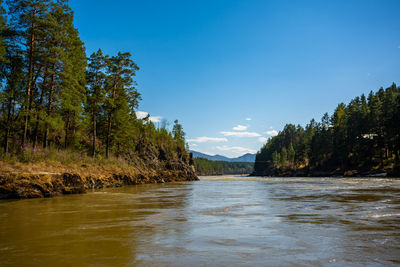 Scenic view of lake against clear blue sky