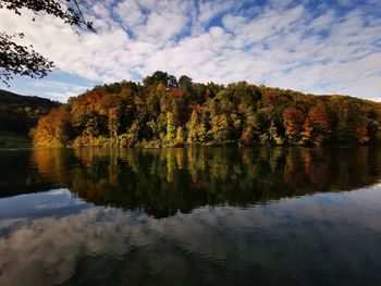 Scenic view of lake by trees against sky