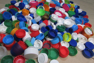 High angle view of multi colored candies on table