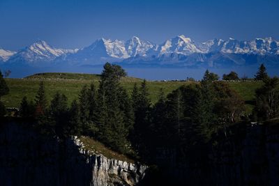 Scenic view of snowcapped mountains against blue sky