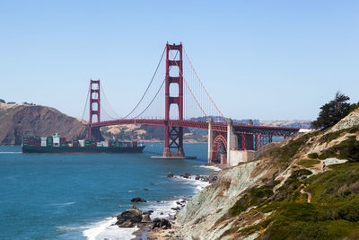 View of suspension bridge over sea