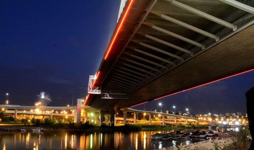 Illuminated bridge over river in city at night