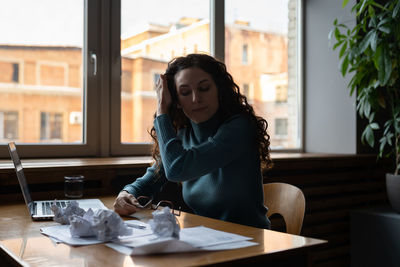 Tired depressed woman writer cant generate ideas or having lack inspiration. job burnout concept