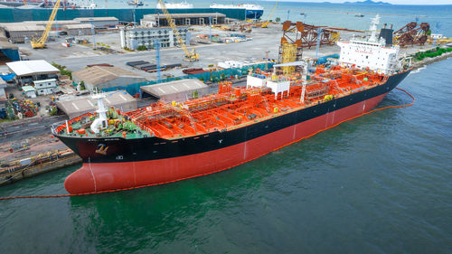 High angle view of boats in sea