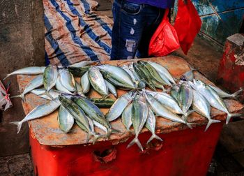 High angle view of fish for sale at market