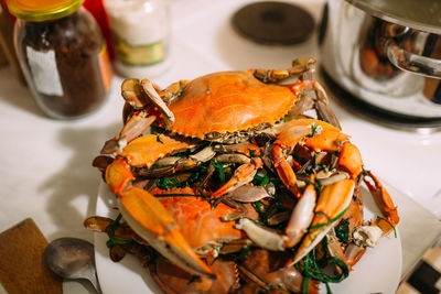 High angle view of meal served on table