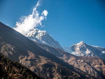 Scenic view of snowcapped mountains against blue sky