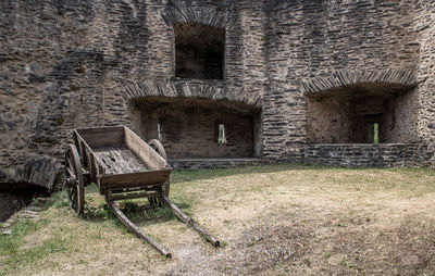 Old bench against building