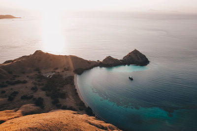 Aerial view of rocks by sea against sky