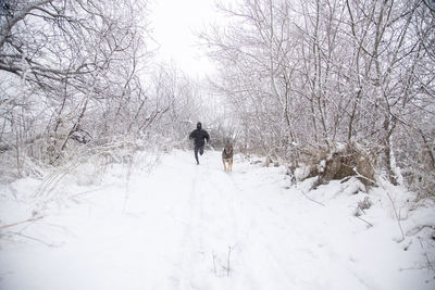 Rear view of person walking on snow covered field