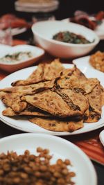 High angle view of meat in plate on table