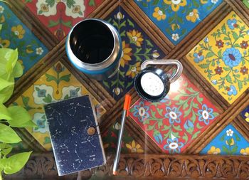 High angle view of coffee on table