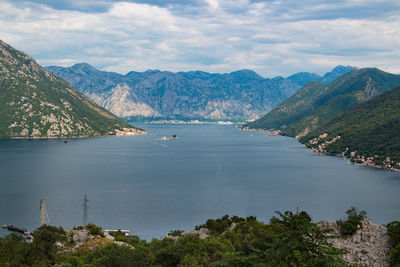 Scenic view of sea and mountains against sky