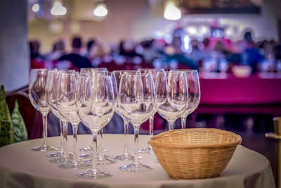 Close-up of wineglasses on table in restaurant