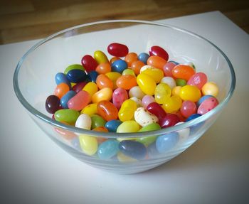 Close-up of colorful candies in bowl