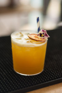 Close-up of juice in glass on table