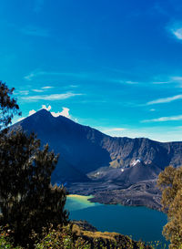 Scenic view of mountains against blue sky