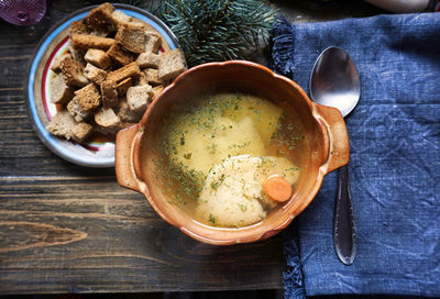 High angle view of soup in bowl on table