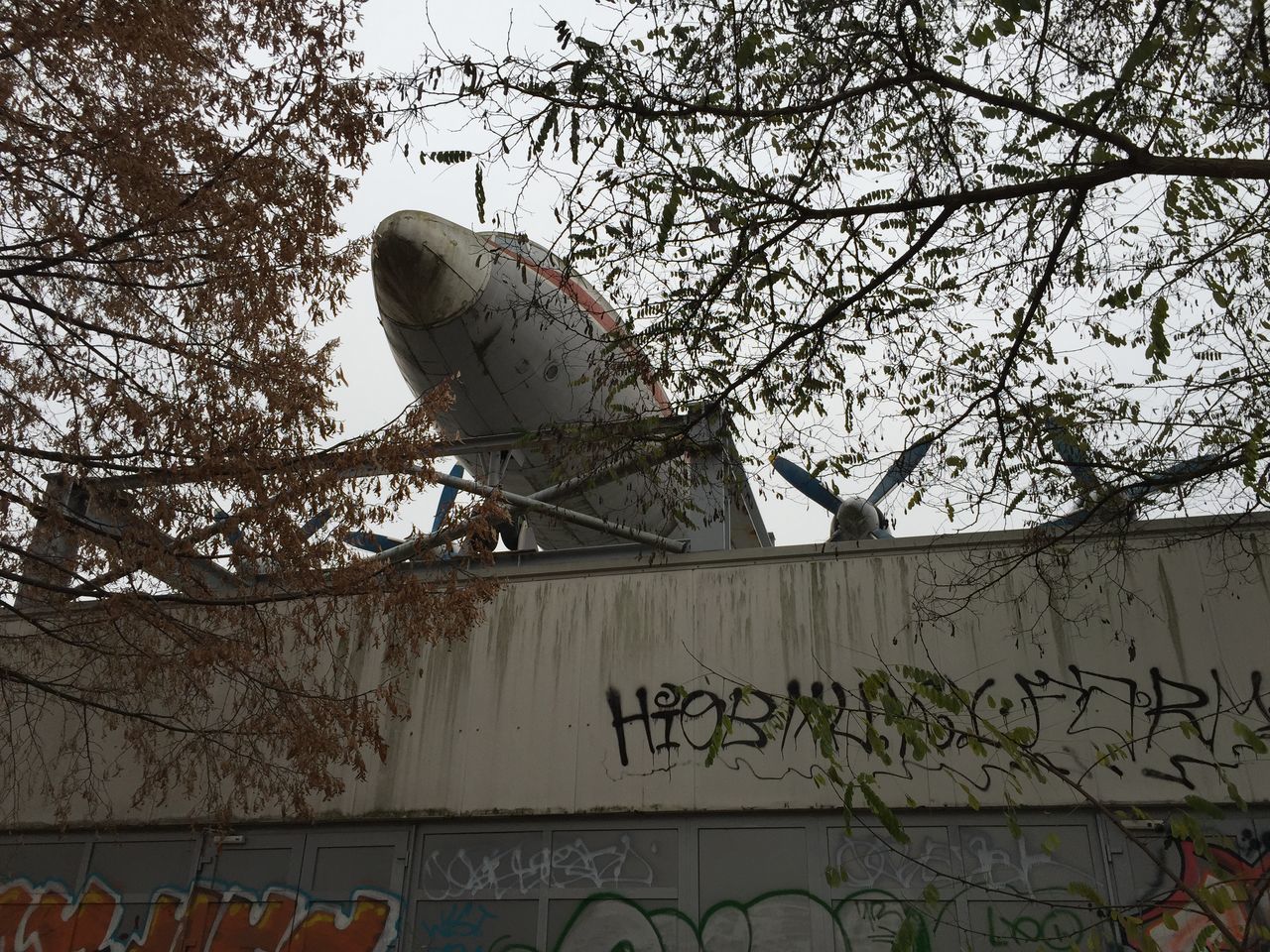 tree, low angle view, plant, branch, architecture, nature, built structure, no people, sky, day, building exterior, outdoors, graffiti, bare tree, metal, environmental conservation, fuel and power generation, environment, abandoned, renewable energy