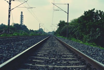 Railway tracks by trees against sky