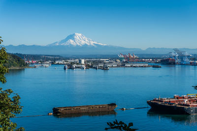 A view of  the port of tacoma and mount rainier.