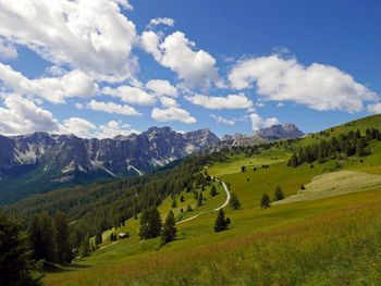 Idyllic and scenic panorama of the dolomites in val badia in italy in summer