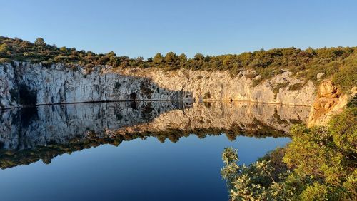 Scenic view of lake against clear blue sky