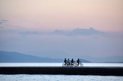 Silhouettes of people cycling along coastline