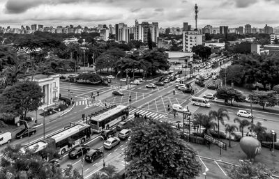 High angle view of street and buildings in city