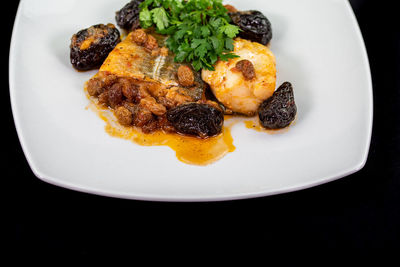 High angle view of food served in plate