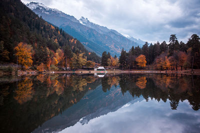 Scenic view of lake by trees against sky