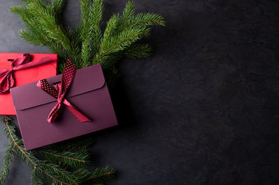 High angle view of christmas decorations on table