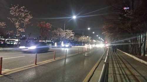 Light trails on railroad track at night