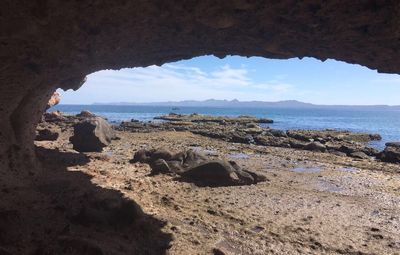 Scenic view of sea and rock formation against sky