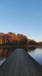 Scenic view of lake against clear sky during autumn