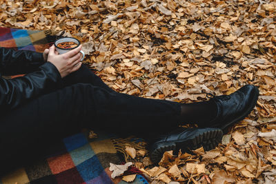Low section of person lying on autumn leaves