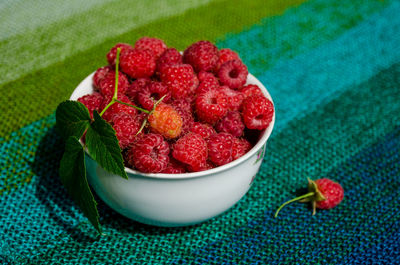 High angle view of strawberries in bowl on table