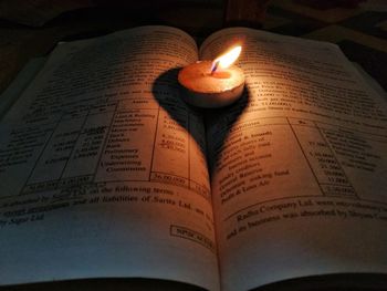 Close-up of lit candles on book