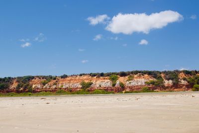 Scenic view of beach against blue sky