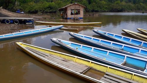 Boats moored in lake against trees