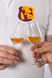 Close-up of hands toasting wine