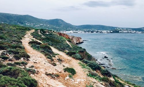 High angle view of sea shore against sky